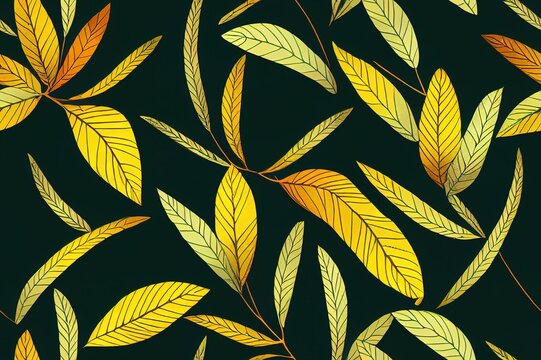 Dark Tropical Leaves Seamless Botanical Pattern. Night Jungle Leafy Background. Autumn Foliage Allover Repeating Print