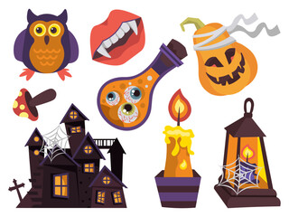 Obraz premium halloween sticker set vector scary pumpkin house in bandage lamp