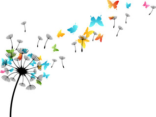 Dandelion with flying butterflies and seeds. Vector isolated decoration element from scattered silhouettes. Conceptual illustration of freedom and serenity.