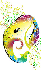 Stylized elephant head with ornamental elements. Isolated illustration.