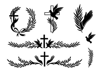 Funeral ornamental decorations. Vector memorial design elements. Borders and dividers with cross, dove, ribbons and palm leaves.