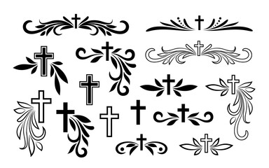 Funeral ornamental decorations. Vector memorial design elements. Border, divider, ribbon, frame and corner.