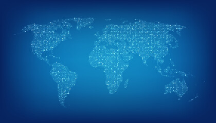 World map formed by glowing sparkles. Blue abstraction background