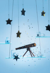 Toy telescope on a glass shelf with stars, dreamy still life about astronomy