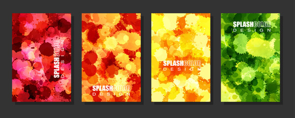 Colorful abstract vertical backgrounds with paint splash texture. Collection of banners in fluid ink artistic style. Red, orange, green and yellow color flyers.