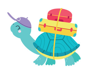 Cute Turtle Traveler in Cap with Trunks on Its Back Having Journey on Vacation Vector Illustration