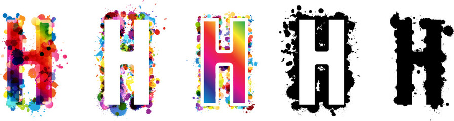 H letters with rainbow and black paint splash decorative elements. Colorful H letter emblems collection. Vector illustration in artistic style.