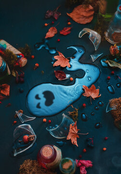 Halloween flatlay, ghost silhouette in raindrops with autumn leaves, creative still life