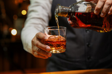 Bartender Serve Whiskey, on wood bar, 