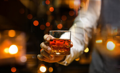 Bartender Serve Whiskey, on wood bar, 