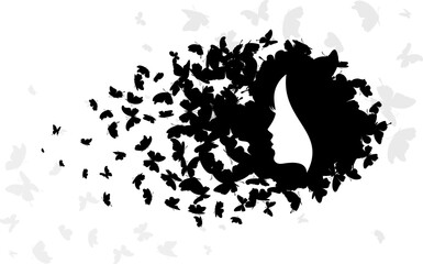 Naklejka na ściany i meble Woman with hair from butterflies. Vector isolated decoration element from scattered silhouettes. Conceptual illustration of beauty and style.