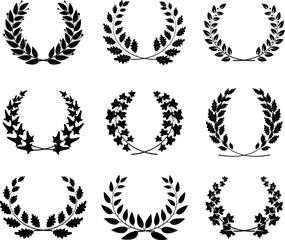 Award wreath collection. Vector decoration elements. Round leaves frames for certificate design, achievement, anniversary or heraldic emblems.
