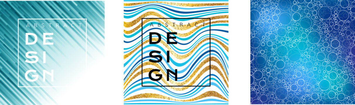 Wavy marbled abstrcation banner. Blue and golden color stripped background