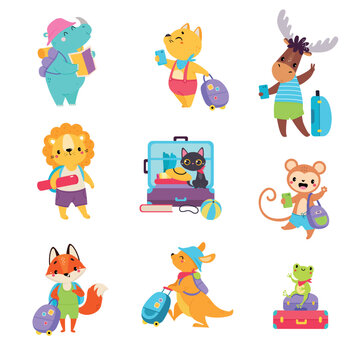 Cute Animals Traveler with Trunk and Backpack Having Journey on Vacation Vector Set