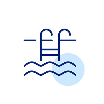 Swimming pool. Ladder and waves. Simple line icon. Pixel perfect, editable stroke