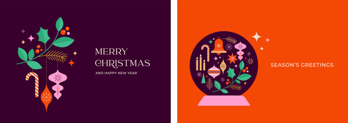 Christmas background with multiple Xmas decorations and winter elements. Colorful vector illustration in flat geometric cartoon style