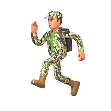 3d render of soldier in military uniform running with black backpack