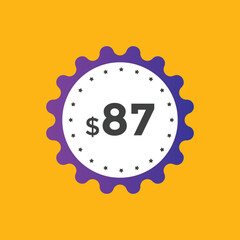 87 dollar price tag. Price $87 USD dollar only Sticker sale promotion Design. shop now button for Business or shopping promotion
