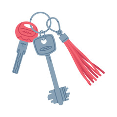 Trinket with Steel Key Hanging with Tassel Keychain or Keyring Vector Illustration