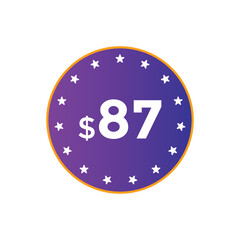 87 dollar price tag. Price $87 USD dollar only Sticker sale promotion Design. shop now button for Business or shopping promotion
