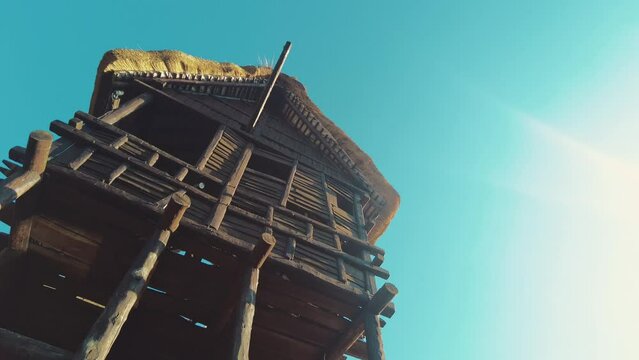 prehistoric primitive old wooden hut on stilts with thatched roof low angle