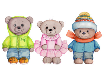 Cute cartoon teddy bears  standing. Hand painted watercolor illustration for chidren and baby design. Isolated.