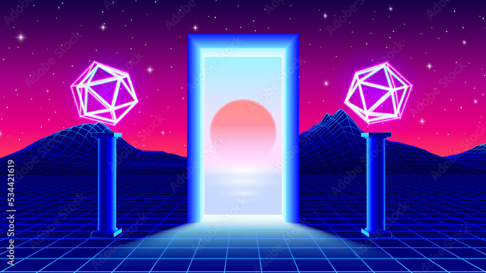Poster Glowing portal or door with synthwave sundown and columns holding neon shapes in 80s style. Retrowave grid mountains landscape with shiny doorway