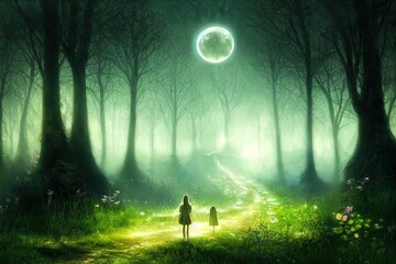 Fantasy and magical enchanted fairy tale landscape with forest, fabulous fairytale mysterious background, glowing moon ray in dark night