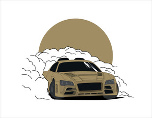 Drift car, smoke from under the wheels, realistic vector illustration for sticker, badge or poster