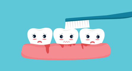 Brushing teeth with bleeding gum or gingivitis inflammation - obrazy, fototapety, plakaty
