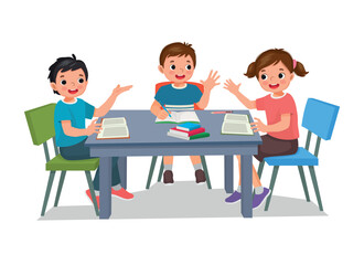 Group of elementary students kids studying together doing homework, reading, and discussing school projects around the table