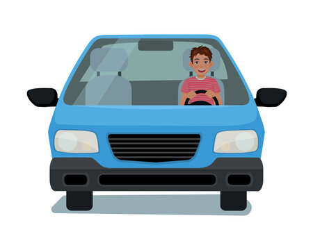 Happy young man driving a car front view cartoon illustration design