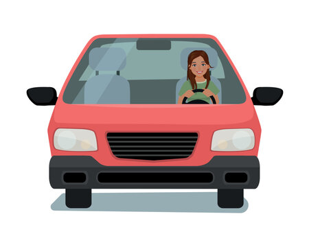 Happy young woman driving a car front view cartoon illustration design