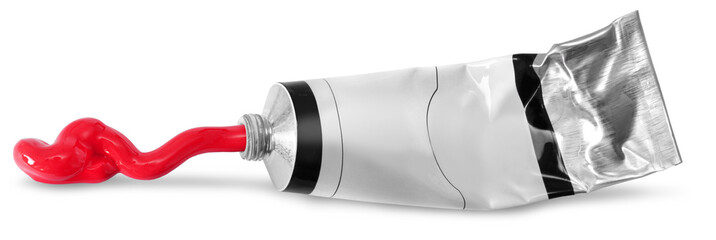 Oil paint artist red color tin tube squeezed isolated