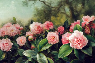 charming camellias in the park at spring. High quality illustration - obrazy, fototapety, plakaty