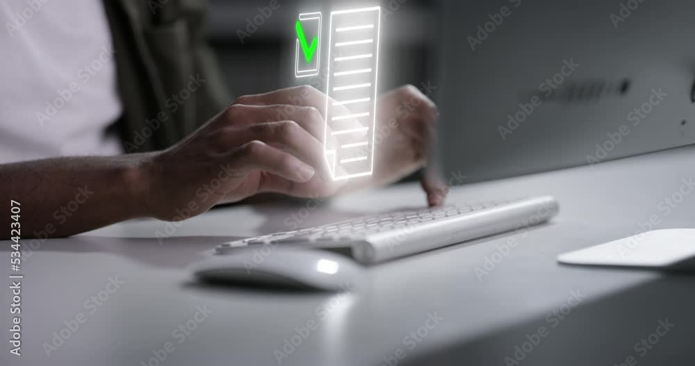 Poster hands, computer and futuristic innovation document in night office for contact us, ebook planning an