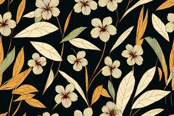 Ethnic exotic tropical vintage flowers and folkloric abstract leaves. Seamless motif pattern illustration. Fabric texture composed by peony ,plants, branches abstract. Black background.