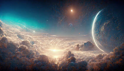 Sci fi fantasy cosmic halo landscape. 3d illustration
