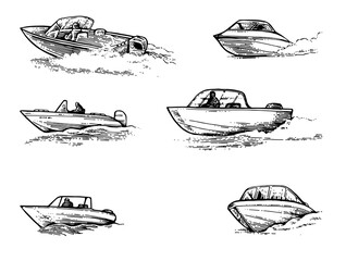 Set of Boats rides on waves. Small ship sails on sea, lake or river. Plastic composite boat with motor. Hand drawn outline sketch. Isolated on white background. Vector.