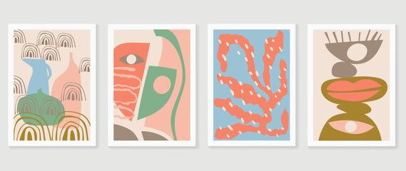 Abstract vintage wall art background vector. Collection of organic shapes, rocks, eyes, lips, leaf, vases with earth tone color. Trendy poster set for wall decoration, interior, wallpaper, banner.