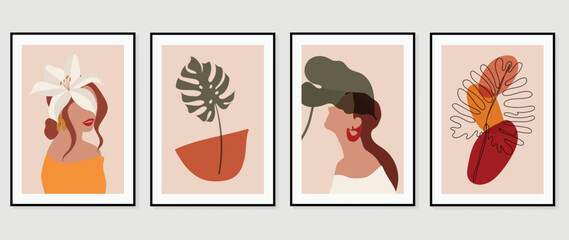 Abstract vintage wall art background vector. Collection of women portrait , tropical leaves, monstera, botanical, flowers, line art. Trendy style poster set for wall decoration, interior, wallpaper.