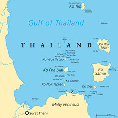 From Ko Samui to Ko Tao, political map. Popular tourist and travel destinations with numerous islands off the coast of Thailand, geographically in the Chumphon Province and Surat Thani Province.