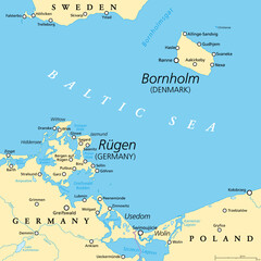 Political map of Bornholm, an Danish island, and Ruegen, the largest island of Germany. Both islands are located in the southern Baltic Sea, a marginal sea of the Atlantic Ocean. Illustration. Vector