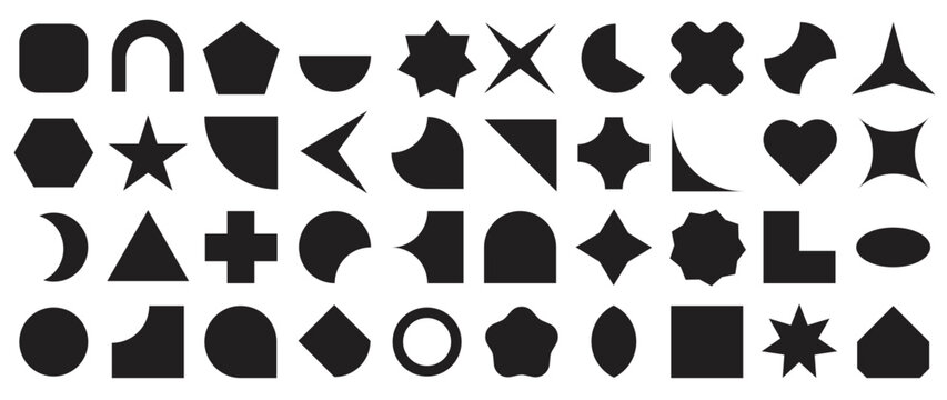 Collection of geometric shapes on white background. Abstract black icon element of star, sparkling, different shapes, heart, polygon, hexagon. Icon graphic design for decoration, logo, business, ads.