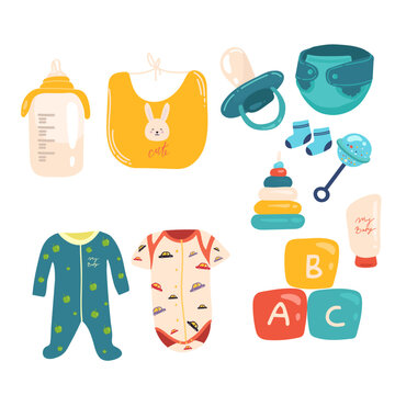 Newborn hand drawn elements set with baby clothing toys and objects for care isolated vector illustration.