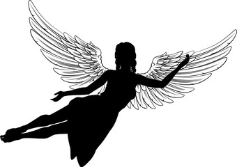 A flying female angel woman with feather wings silhouette