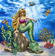 Obraz na płótnie Canvas Drawing of a mermaid with a green tail and light curls on the seashore, surrounded by sea creatures and plants. Watercolor drawing.
