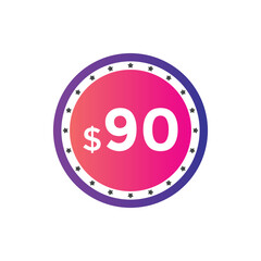 $90 USD Dollar Month sale promotion Banner. Special offer, 90 dollar month price tag, shop now button. Business or shopping promotion marketing concept
