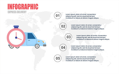 Presentation infographic template of express delivery icon with five explanatory text field. vector illustration.