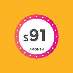 91 dollar price tag. Price $91 USD dollar only Sticker sale promotion Design. shop now button for Business or shopping promotion
